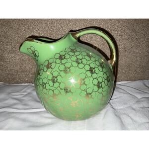 HALL POTTERY GREEN 2QT ICE LIP BALL PITCHER GOLD FRENCH FLOWER DECORATION